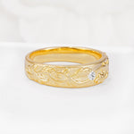 Vintage Leaf Engraved Solitaire Moissanite Men's Wedding Band - Additional view
