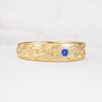 Vintage Leaf Engraved Solitaire Sapphire Men's Wedding Band - Additional view