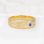 Vintage Leaf Engraved Solitaire Sapphire Men's Wedding Band - Additional view