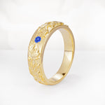 Vintage Leaf Engraved Solitaire Sapphire Men's Wedding Band - Additional view