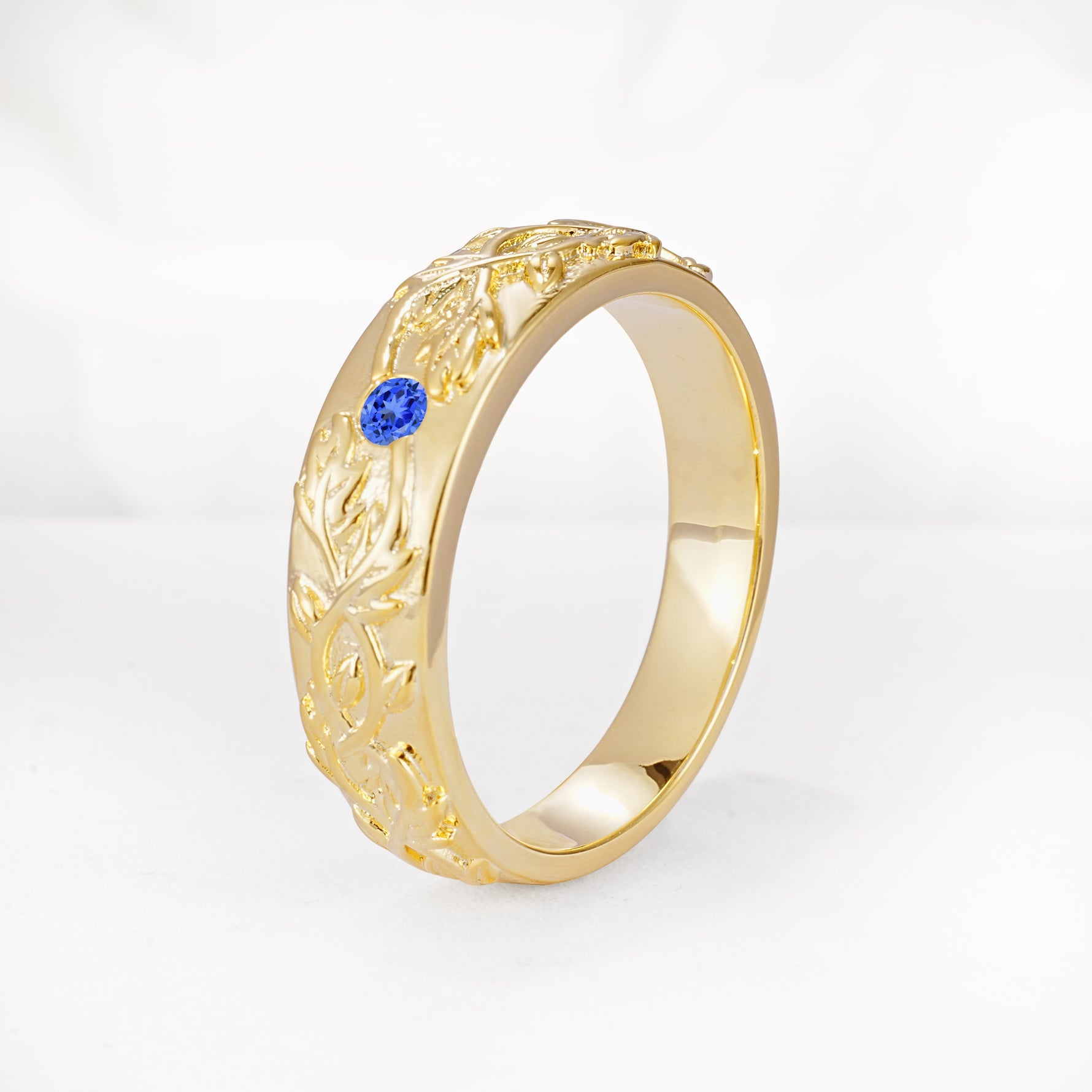Vintage Leaf Engraved Solitaire Sapphire Men's Wedding Band - Additional view