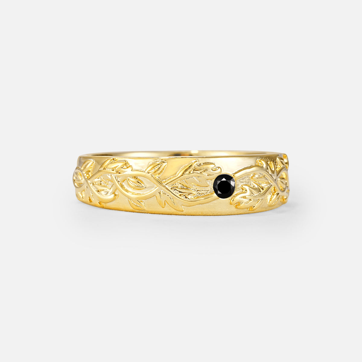 Vintage Leaf Engraved Solitaire Black Onyx Men's Wedding Band