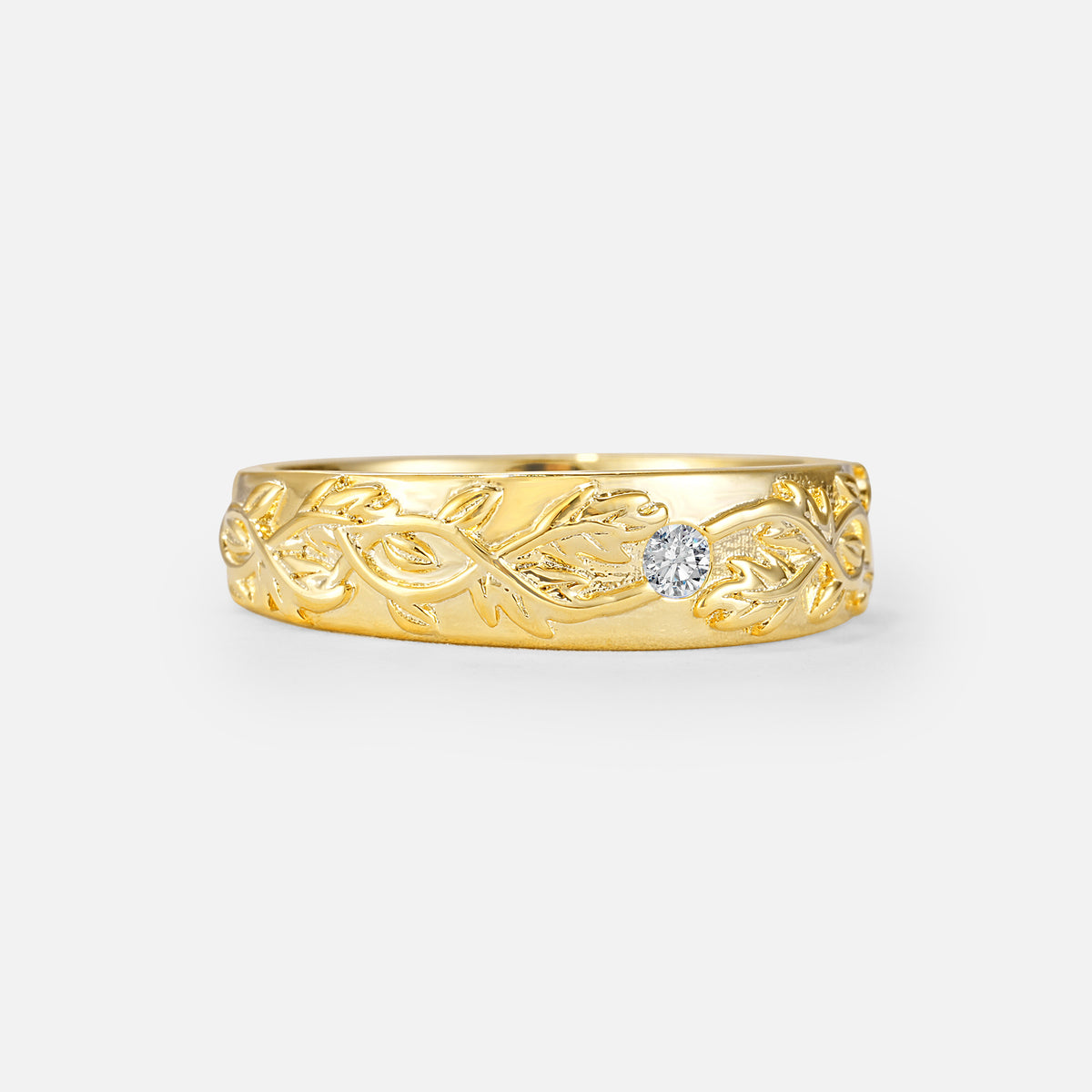Vintage Leaf Engraved Solitaire Lab-Grown Diamond Men's Wedding Band