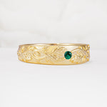 Vintage Leaf Engraved Solitaire Emerald Men's Wedding Band - Additional view