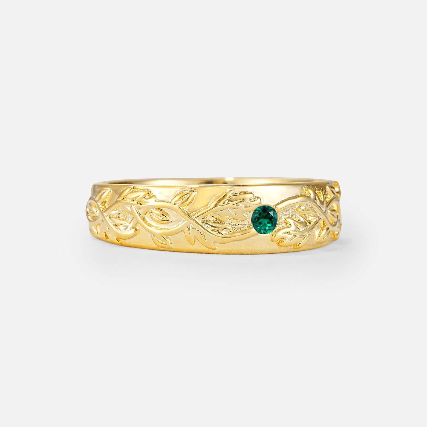 Vintage Leaf Engraved Solitaire Emerald Men's Wedding Band