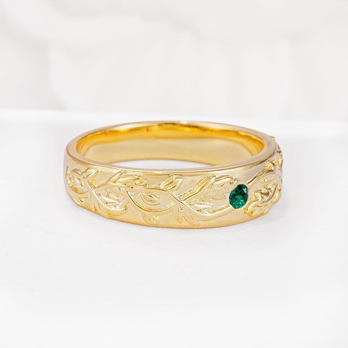 Vintage Leaf Engraved Solitaire Emerald Men's Wedding Band - Additional view