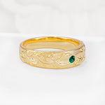 Vintage Leaf Engraved Solitaire Emerald Men's Wedding Band - Additional view