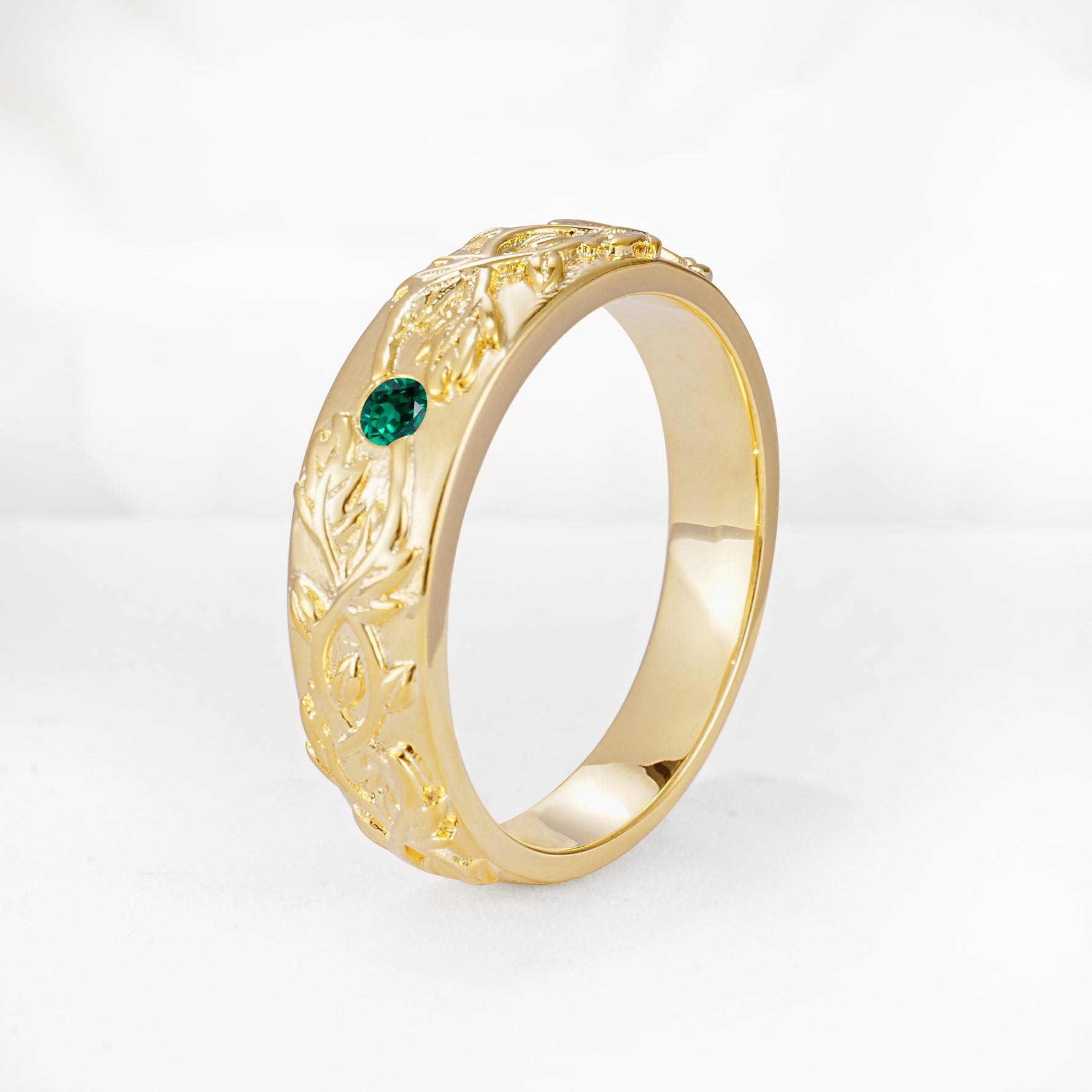Vintage Leaf Engraved Solitaire Emerald Men's Wedding Band - Additional view