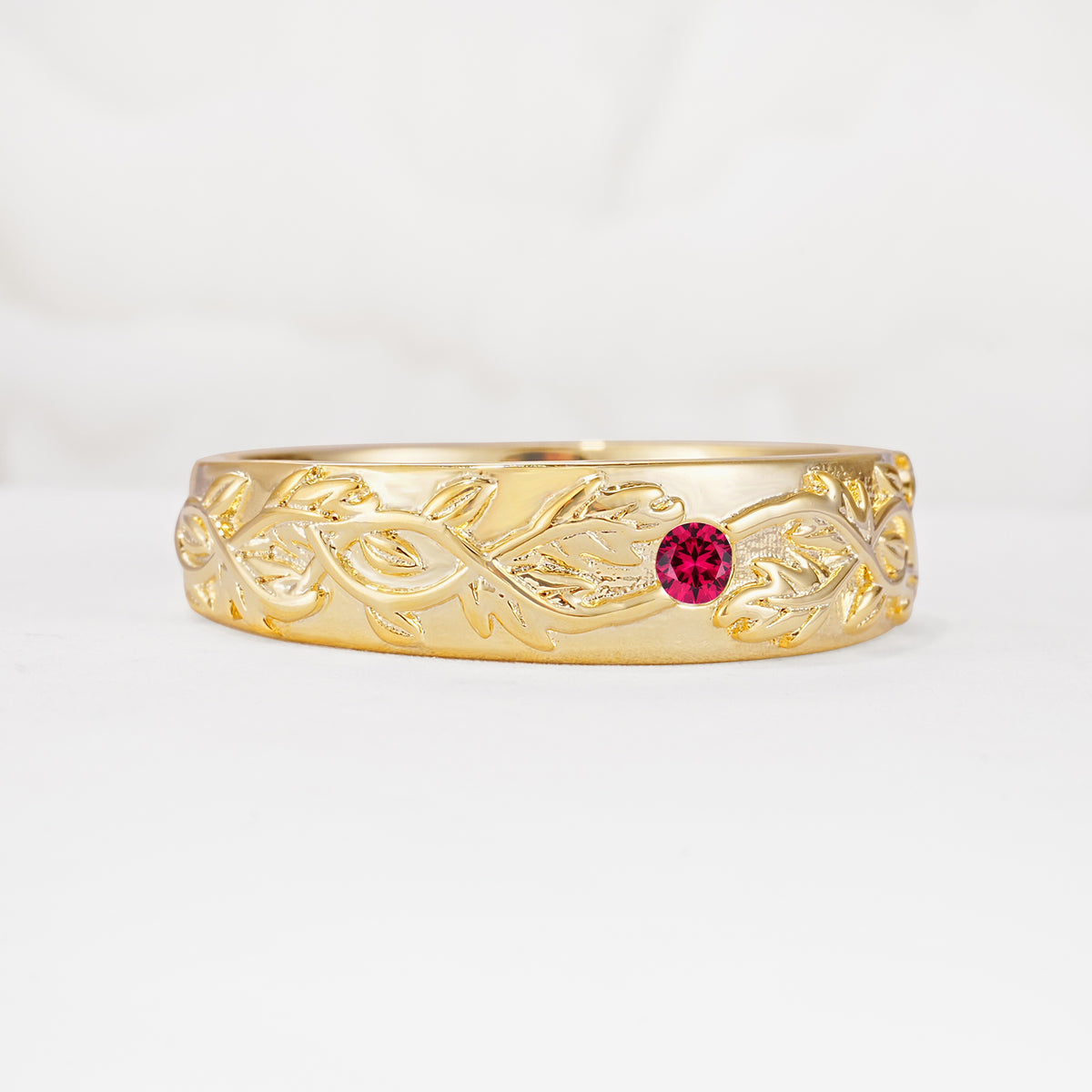 Vintage Leaf Engraved Solitaire Ruby Men's Wedding Band - Additional view