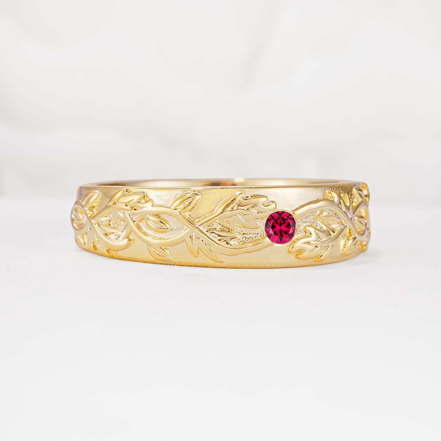 Vintage Leaf Engraved Solitaire Ruby Men's Wedding Band - Additional view
