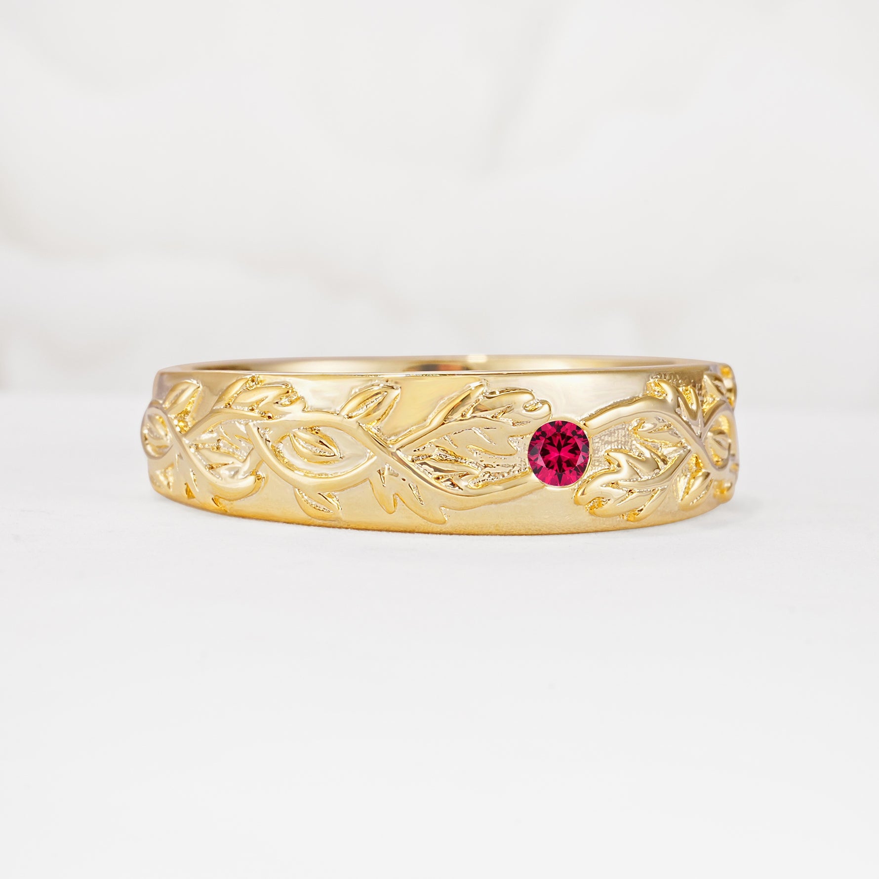 Vintage Leaf Engraved Solitaire Ruby Men's Wedding Band - Additional view