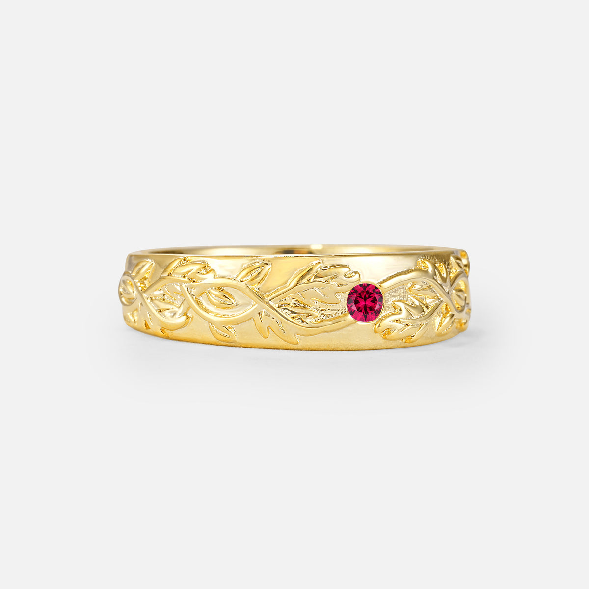 Vintage Leaf Engraved Solitaire Ruby Men's Wedding Band