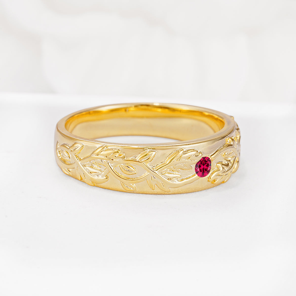 Vintage Leaf Engraved Solitaire Ruby Men's Wedding Band - Additional view