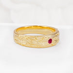 Vintage Leaf Engraved Solitaire Ruby Men's Wedding Band - Additional view