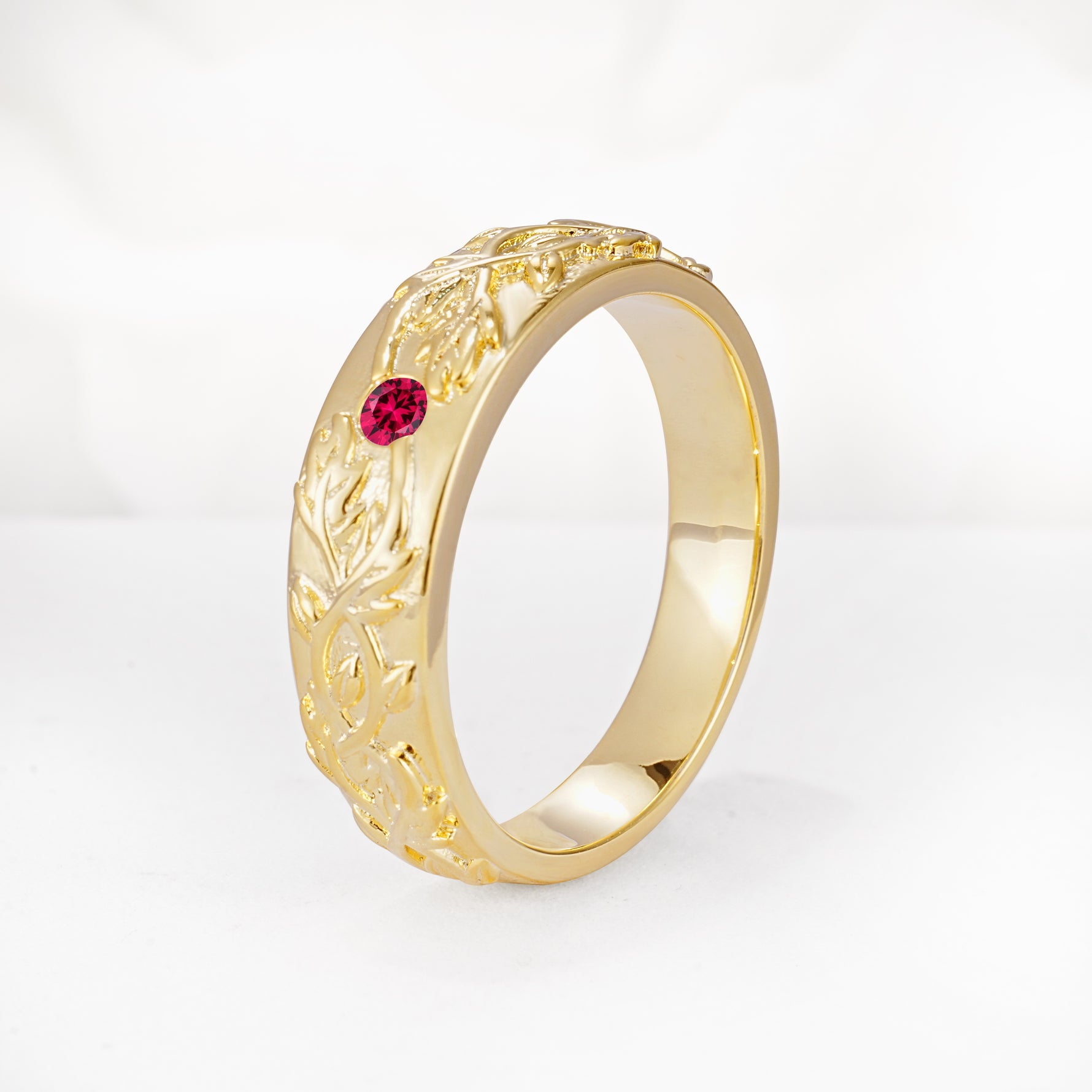 Vintage Leaf Engraved Solitaire Ruby Men's Wedding Band - Additional view