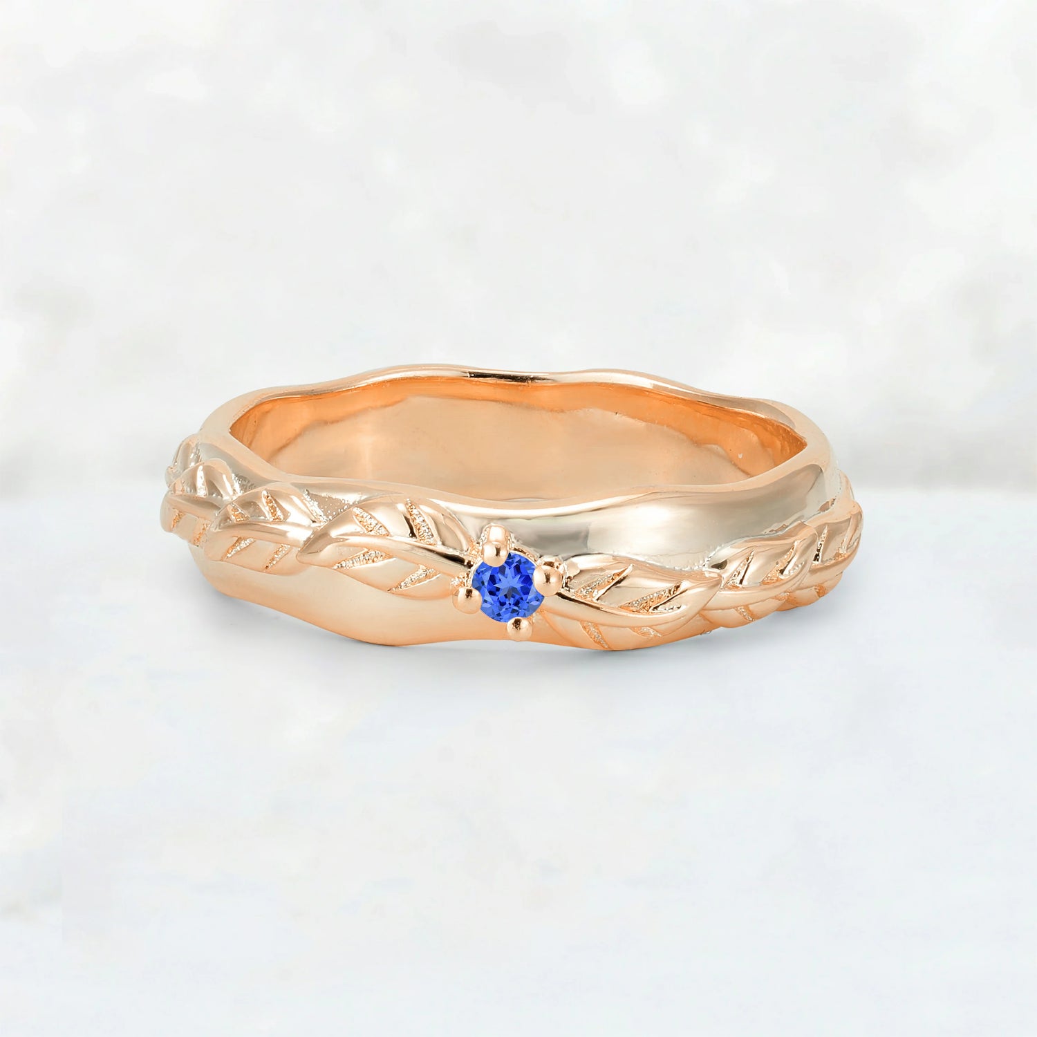 Round Cut Sapphire Leaf Vine Nature-Inspired Wedding Band