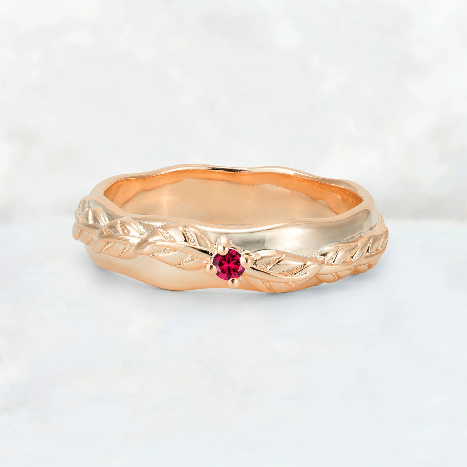 Round Cut Ruby Leaf Vine Nature-Inspired Wedding Band