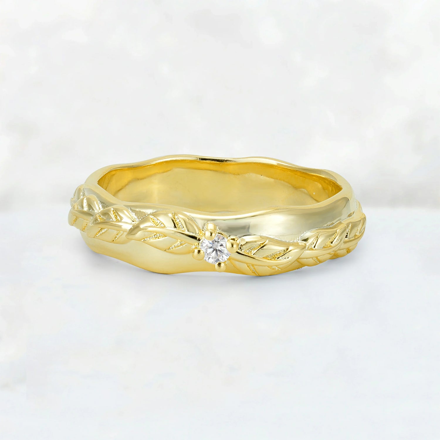 Round Cut Moissanite Leaf Vine Nature-Inspired Wedding Band