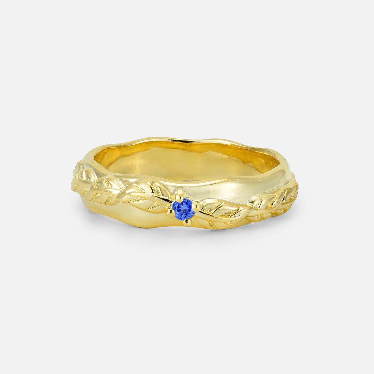 Round Cut Sapphire Leaf Vine Nature-Inspired Wedding Band