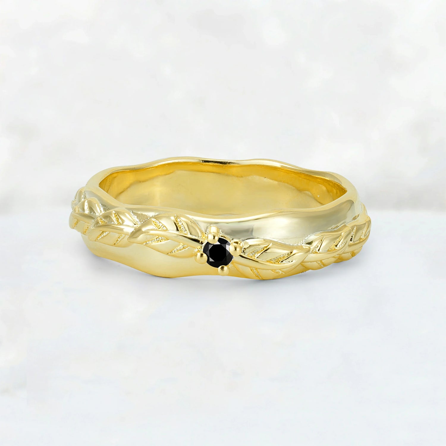 Round Cut Black Onyx Leaf Vine Nature-Inspired Wedding Band