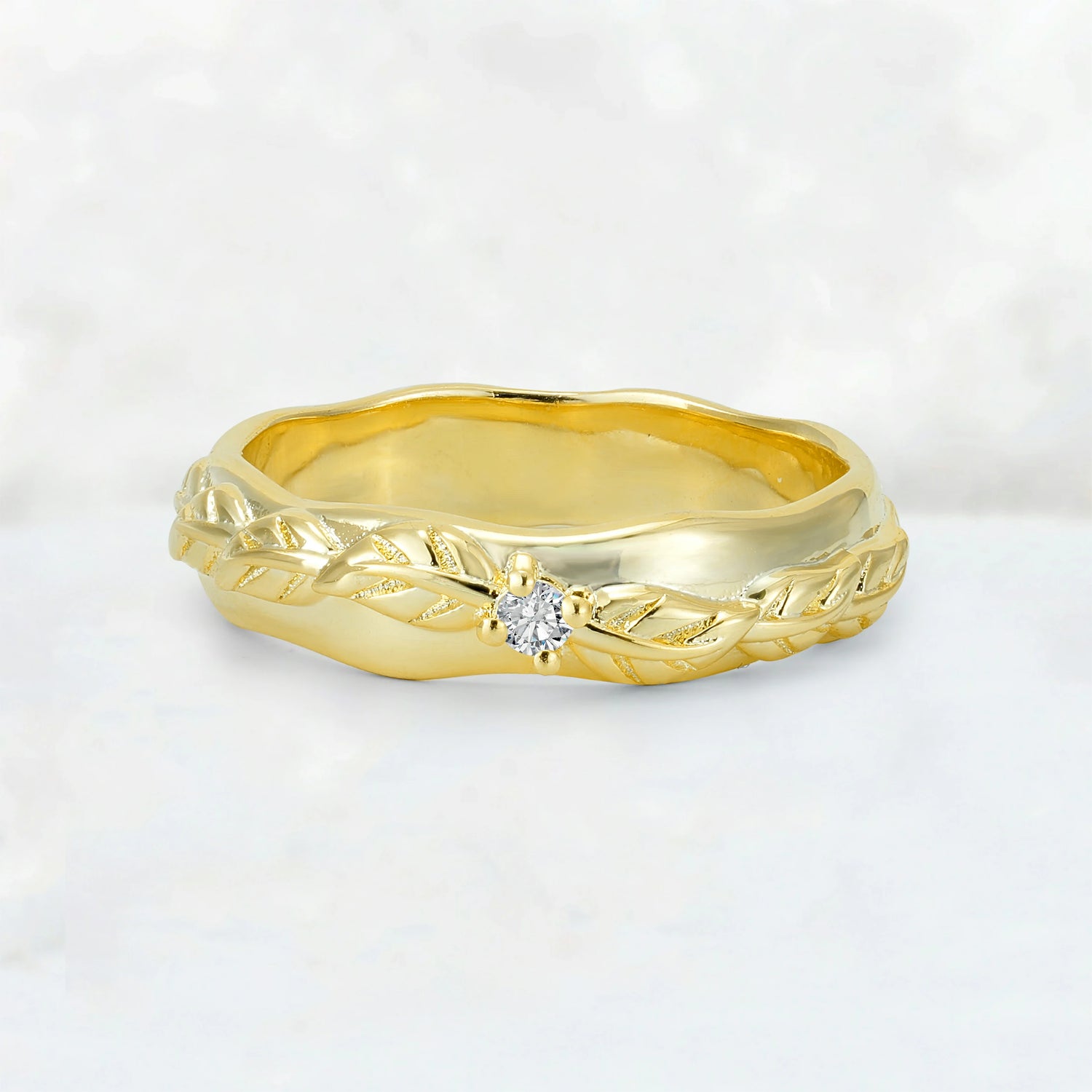 Round Cut Lab Diamond Leaf Vine Nature-Inspired Wedding Band