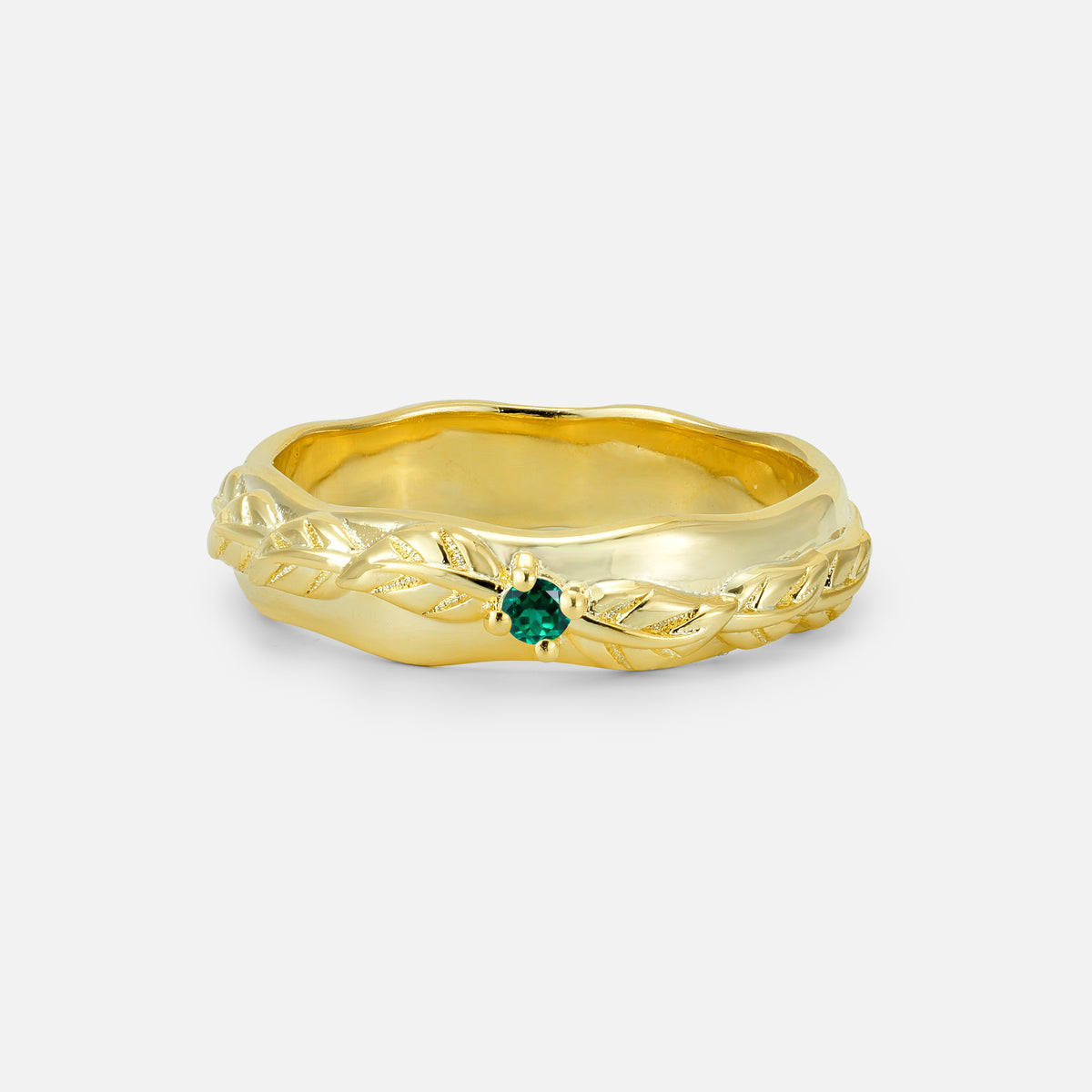 Round Cut Emerald Leaf Vine Nature-Inspired Wedding Band