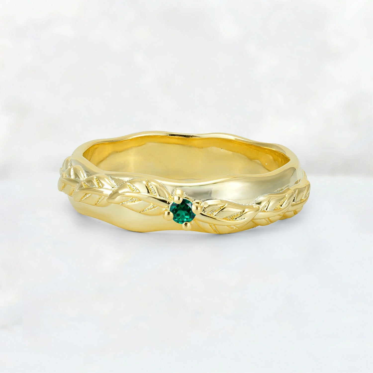 Round Cut Emerald Leaf Vine Nature-Inspired Wedding Band