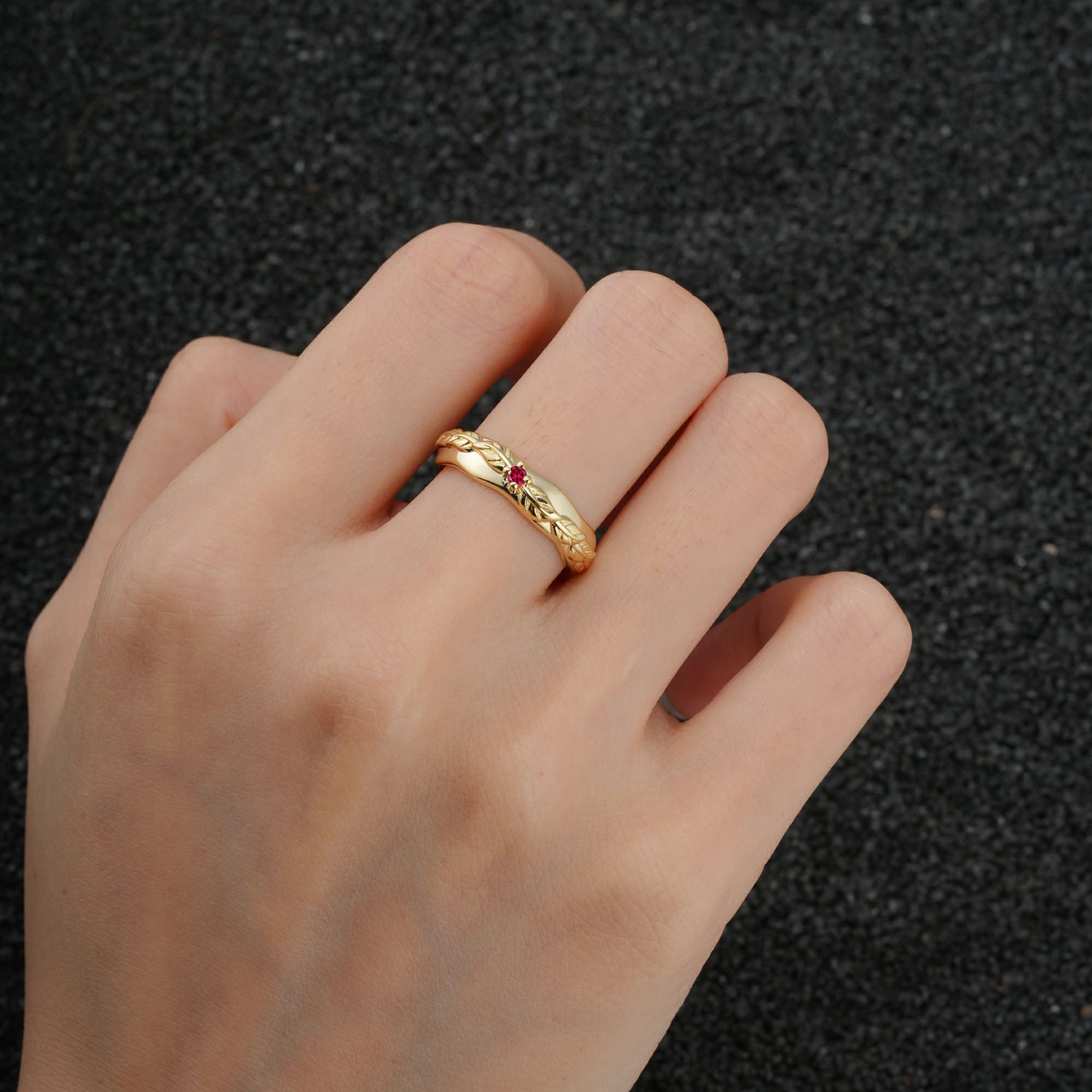 Round Cut Ruby Leaf Vine Nature-Inspired Wedding Band
