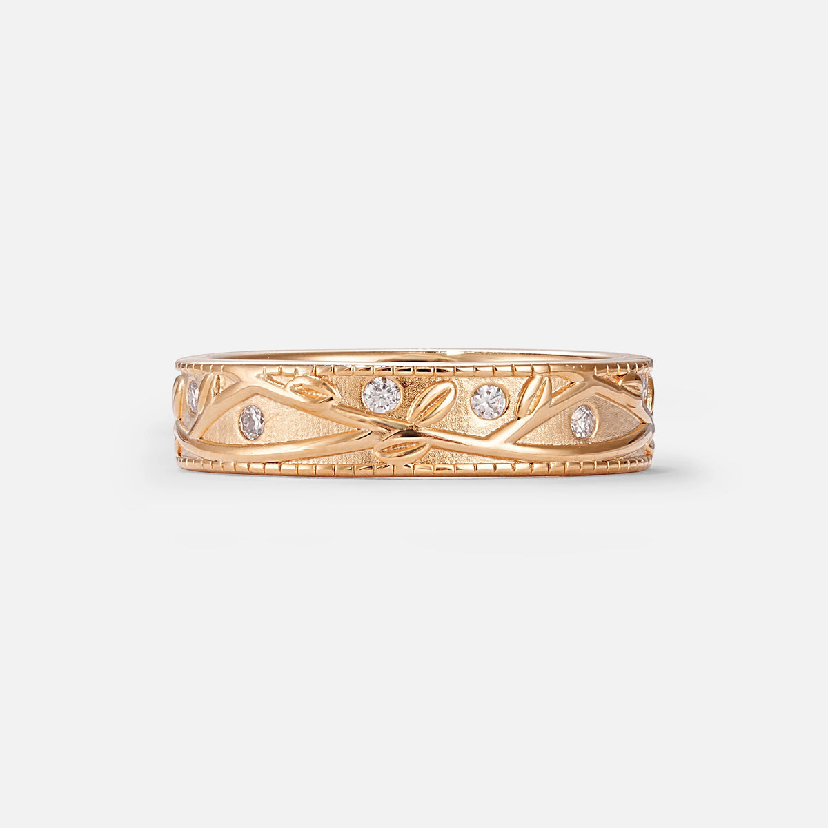 Nature-Inspired Engraved Leaf Vine Wedding Band with Moissanite Accents - Additional view