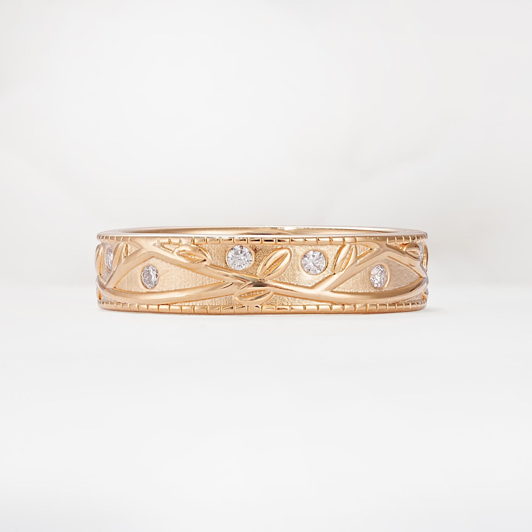 Nature-Inspired Engraved Leaf Vine Wedding Band with Moissanite Accents - Additional view