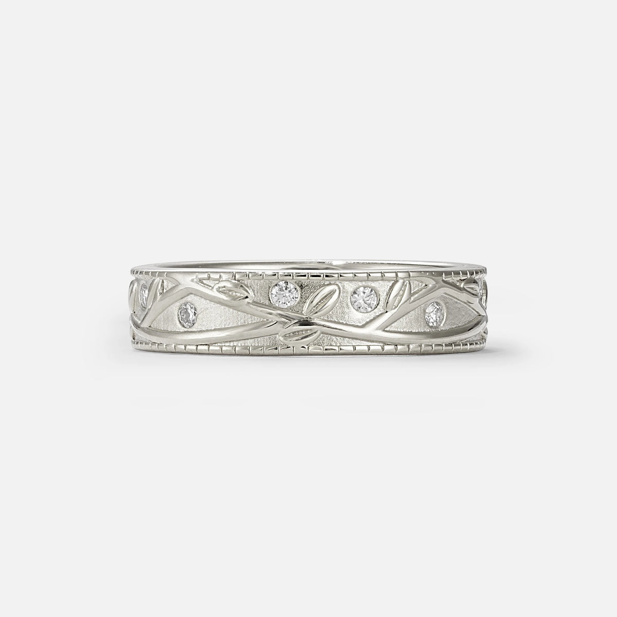 Nature-Inspired Engraved Leaf Vine Wedding Band with Moissanite Accents - Additional view