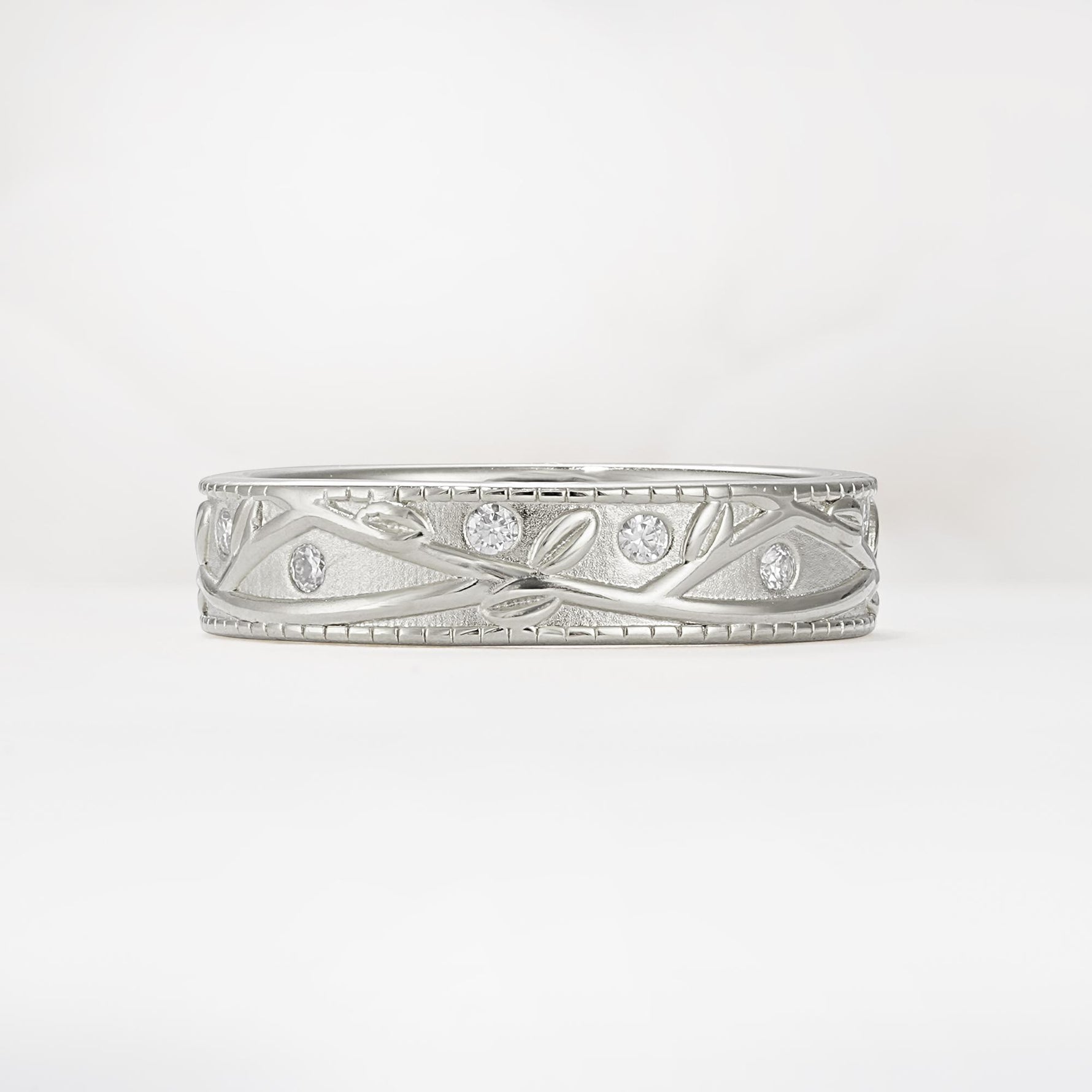 Nature-Inspired Engraved Leaf Vine Wedding Band with Moissanite Accents - Additional view