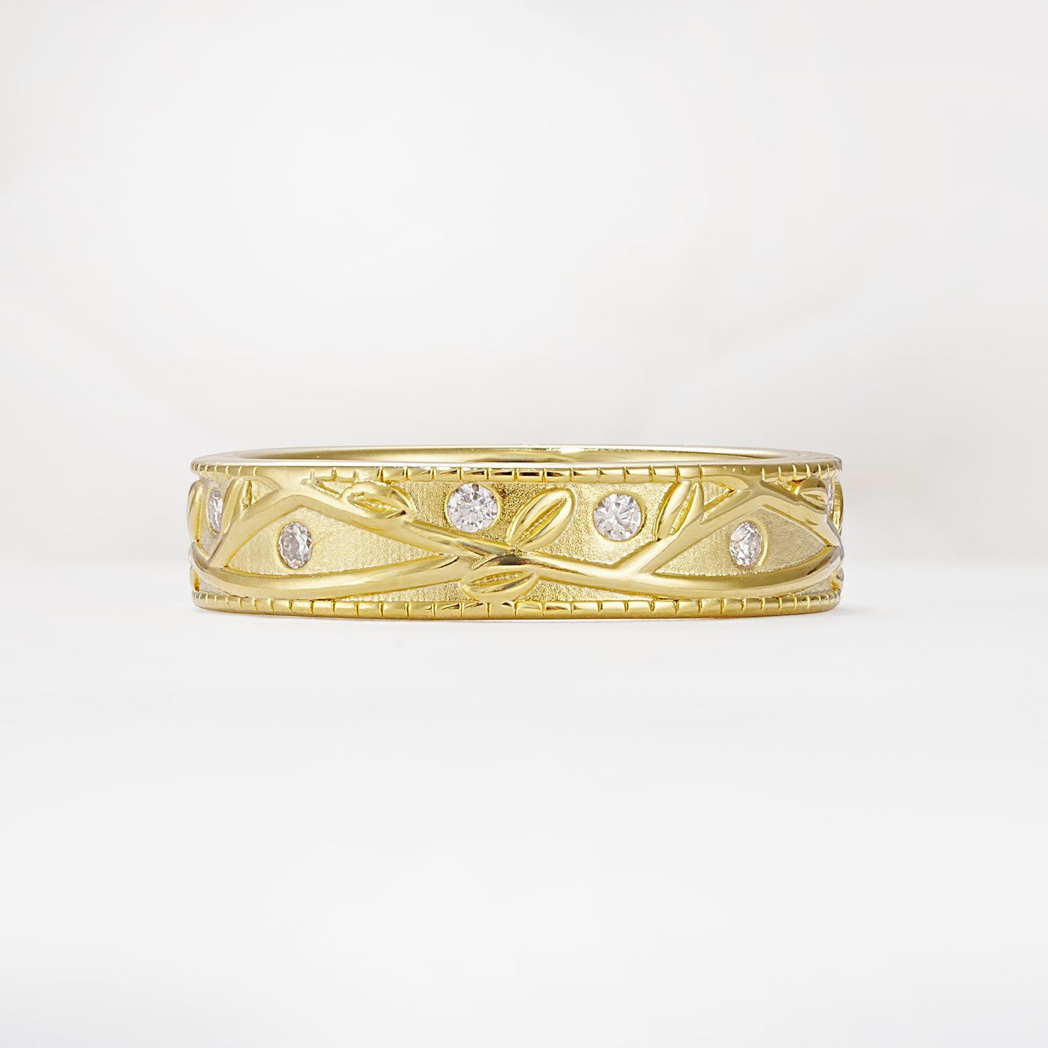 Nature-Inspired Engraved Leaf Vine Wedding Band with Moissanite Accents - Additional view