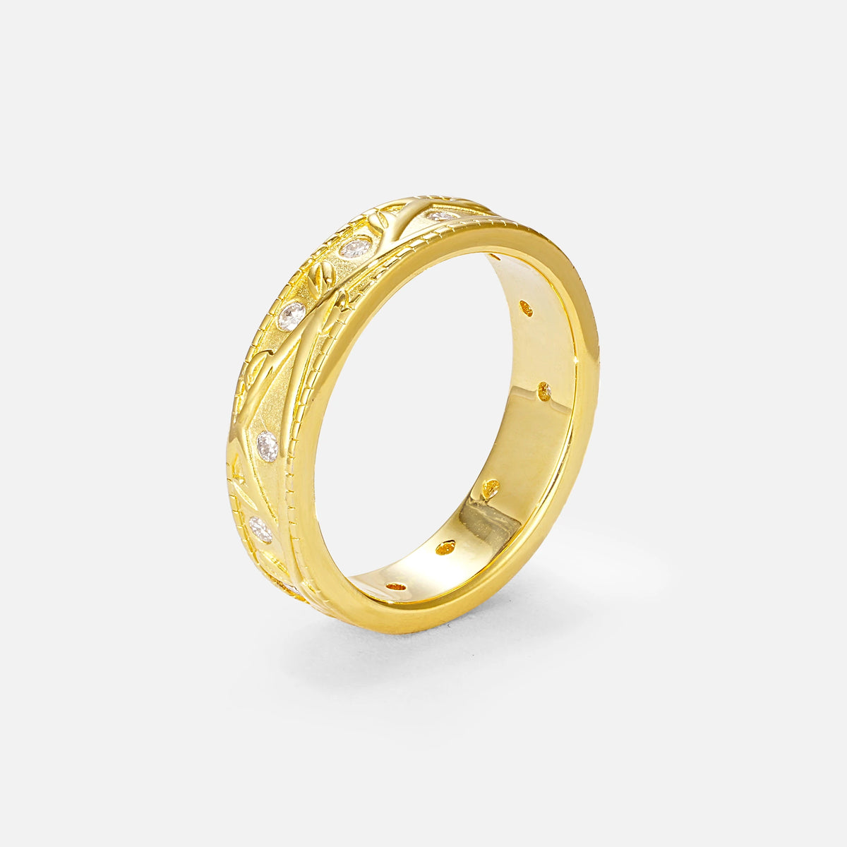 Nature-Inspired Engraved Leaf Vine Wedding Band with Moissanite Accents - Additional view