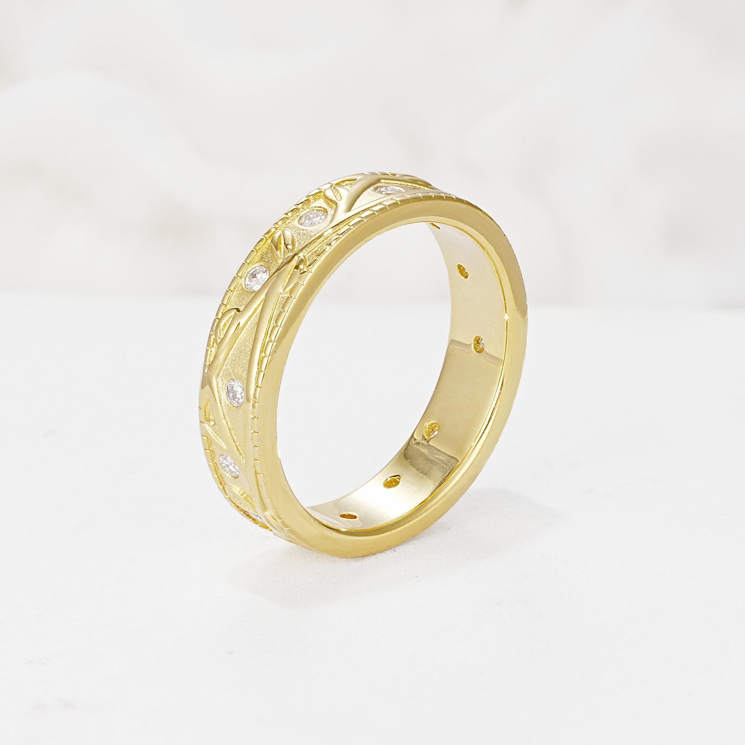 Nature-Inspired Engraved Leaf Vine Wedding Band with Moissanite Accents - Additional view
