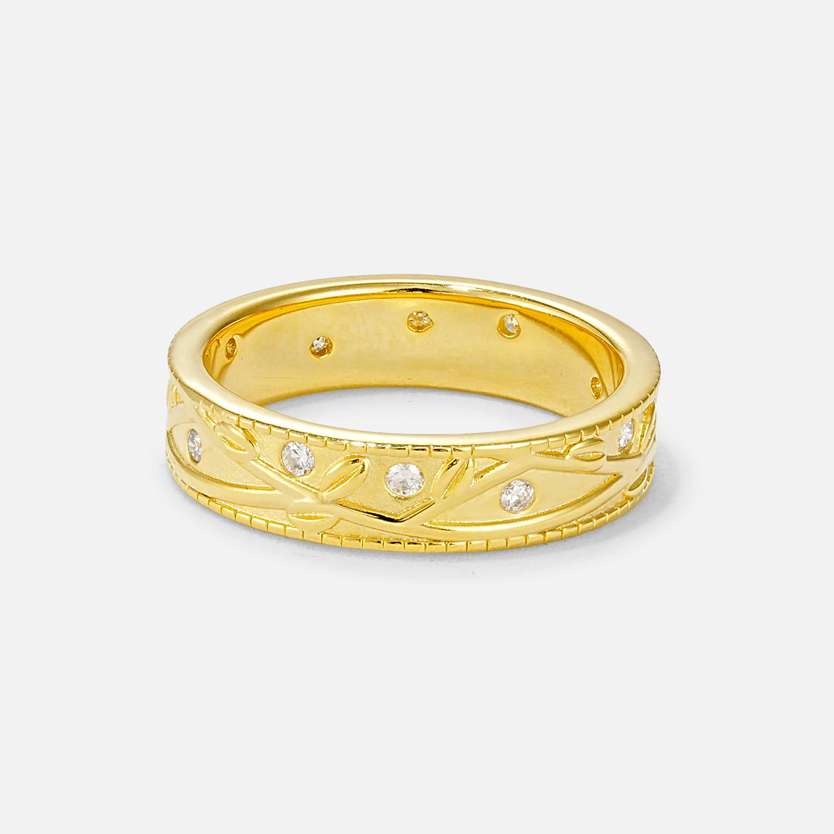 Nature-Inspired Engraved Leaf Vine Wedding Band with Moissanite Accents - Additional view