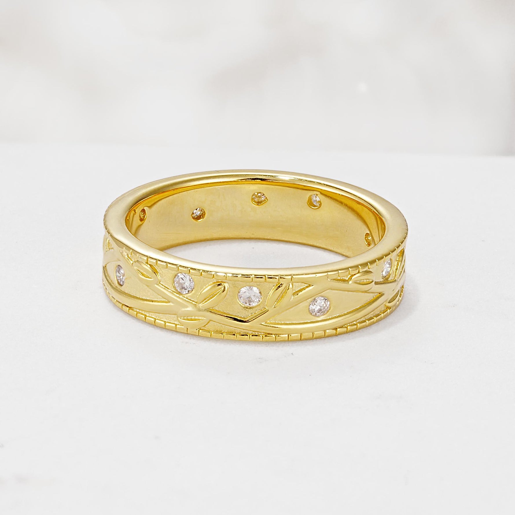 Nature-Inspired Engraved Leaf Vine Wedding Band with Moissanite Accents - Additional view