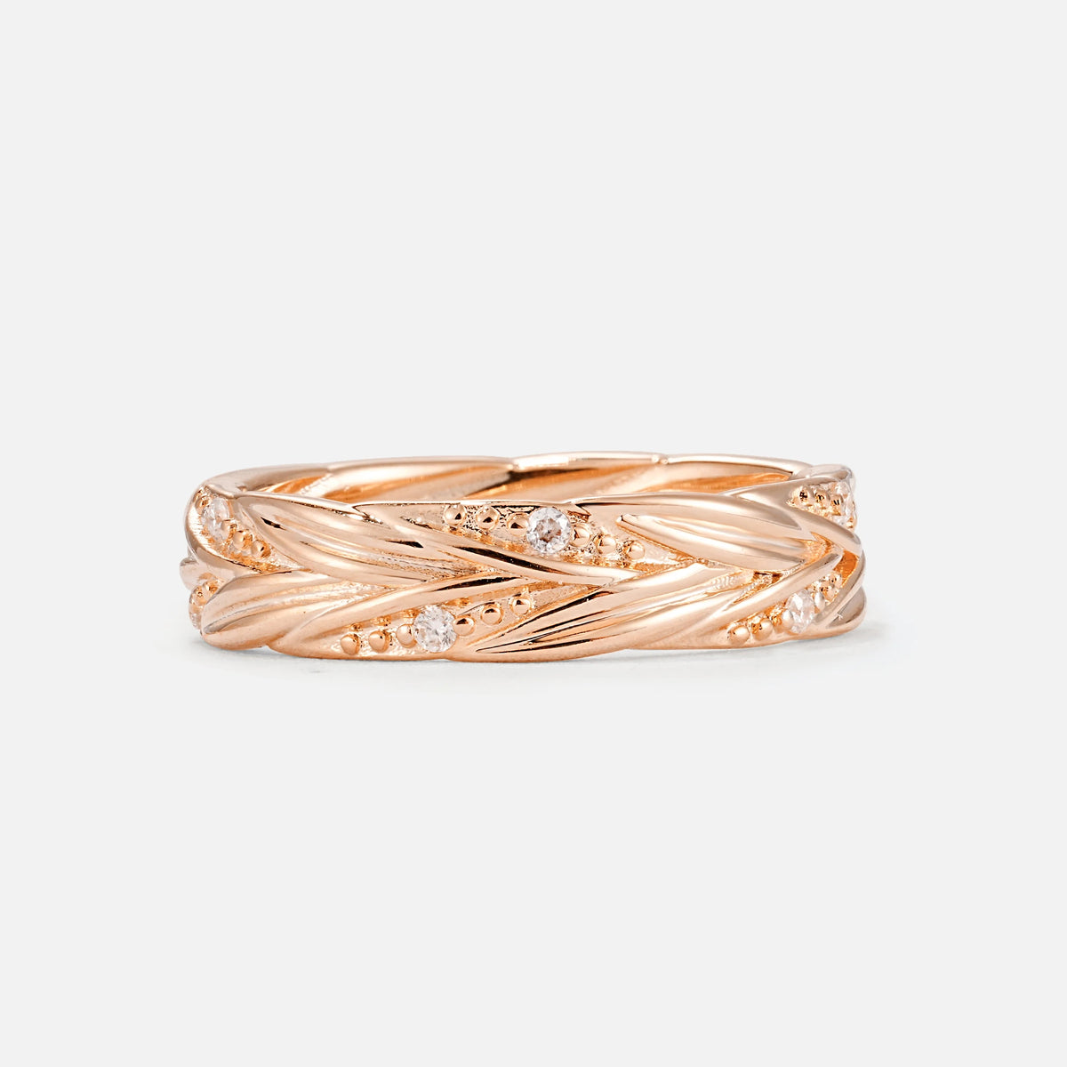 Round Moissanite Braided Vine Wedding Band with Leaf Detail - Additional view