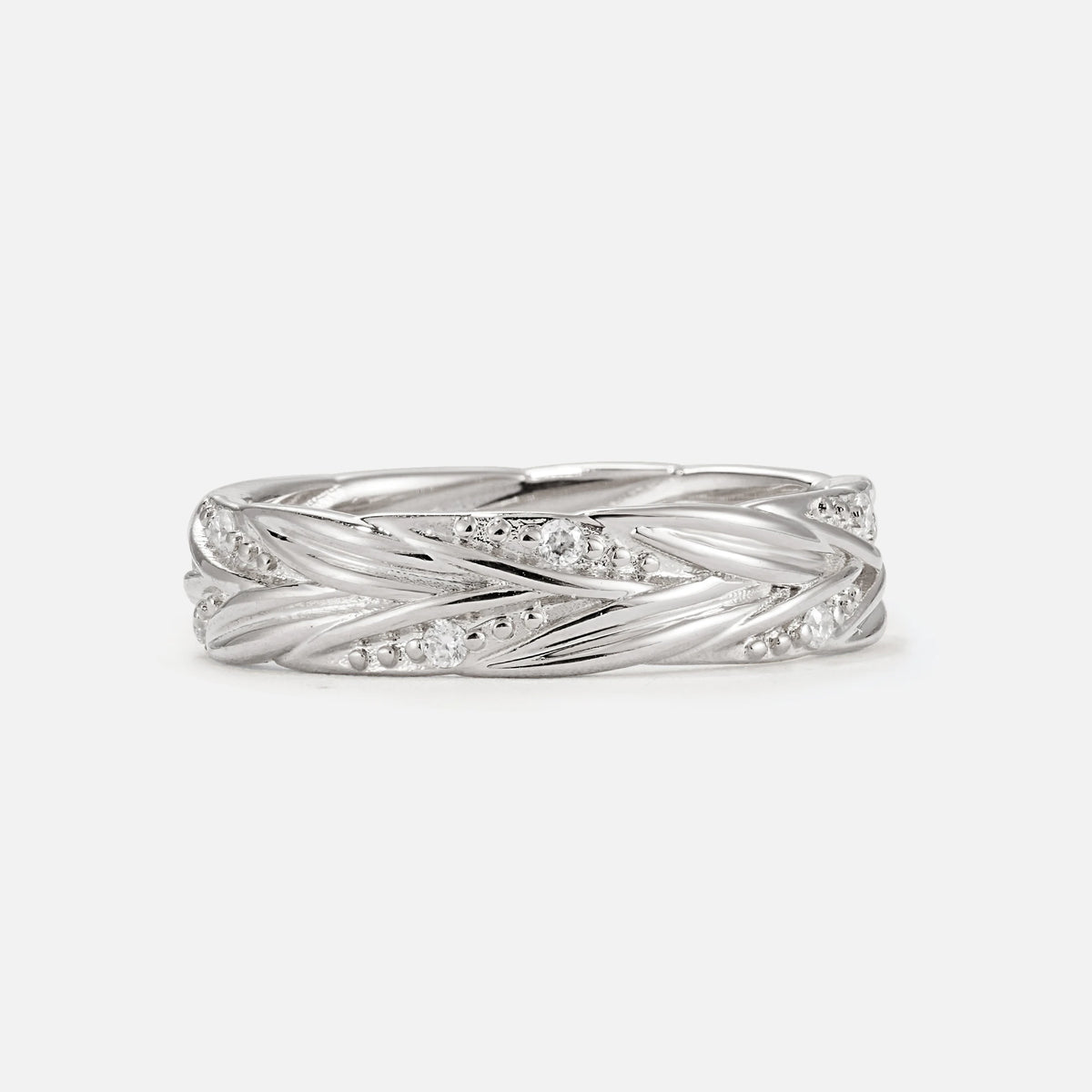 Round Moissanite Braided Vine Wedding Band with Leaf Detail - Additional view
