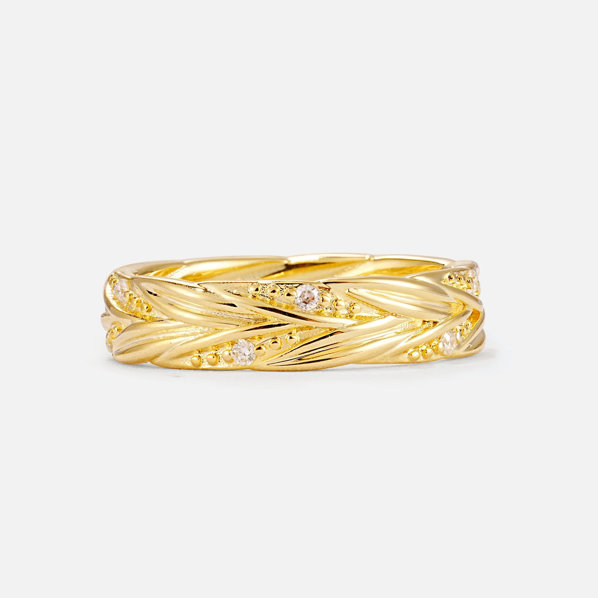 Round Moissanite Braided Vine Wedding Band with Leaf Detail - Additional view