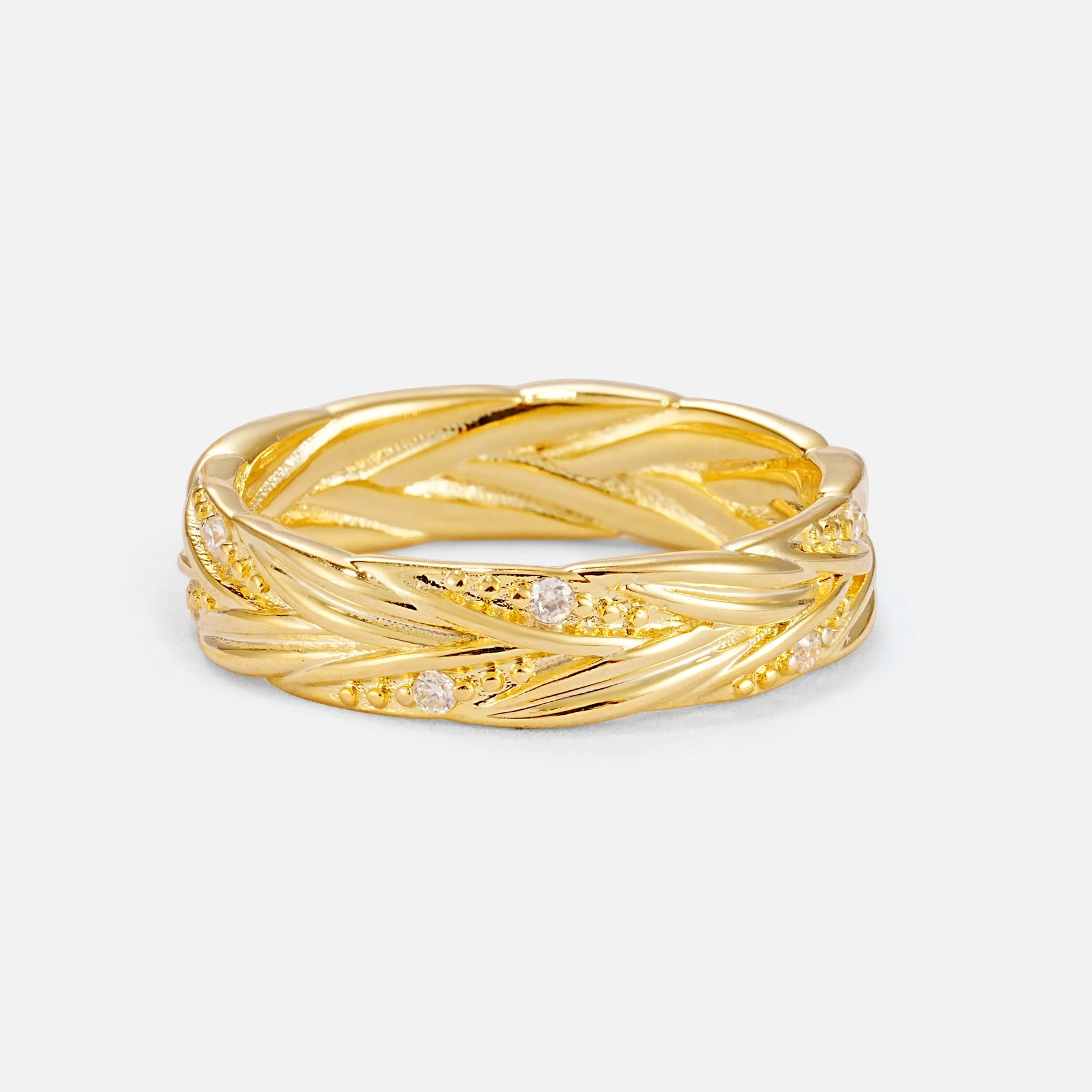 Round Moissanite Braided Vine Wedding Band with Leaf Detail - Additional view