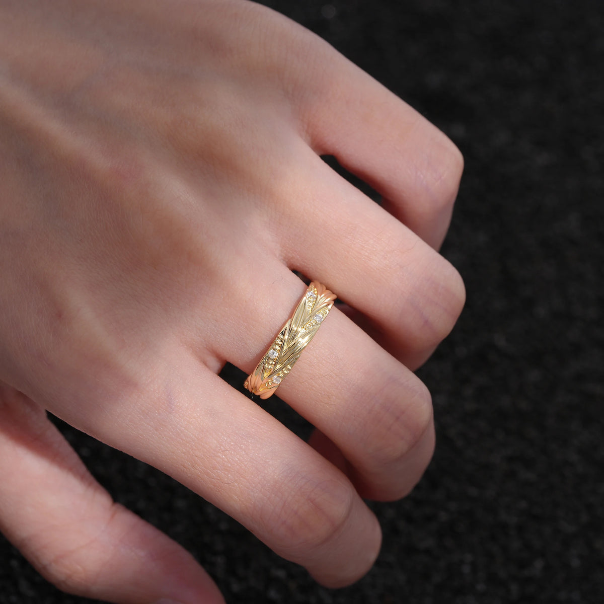 Round Moissanite Braided Vine Wedding Band with Leaf Detail - Additional view