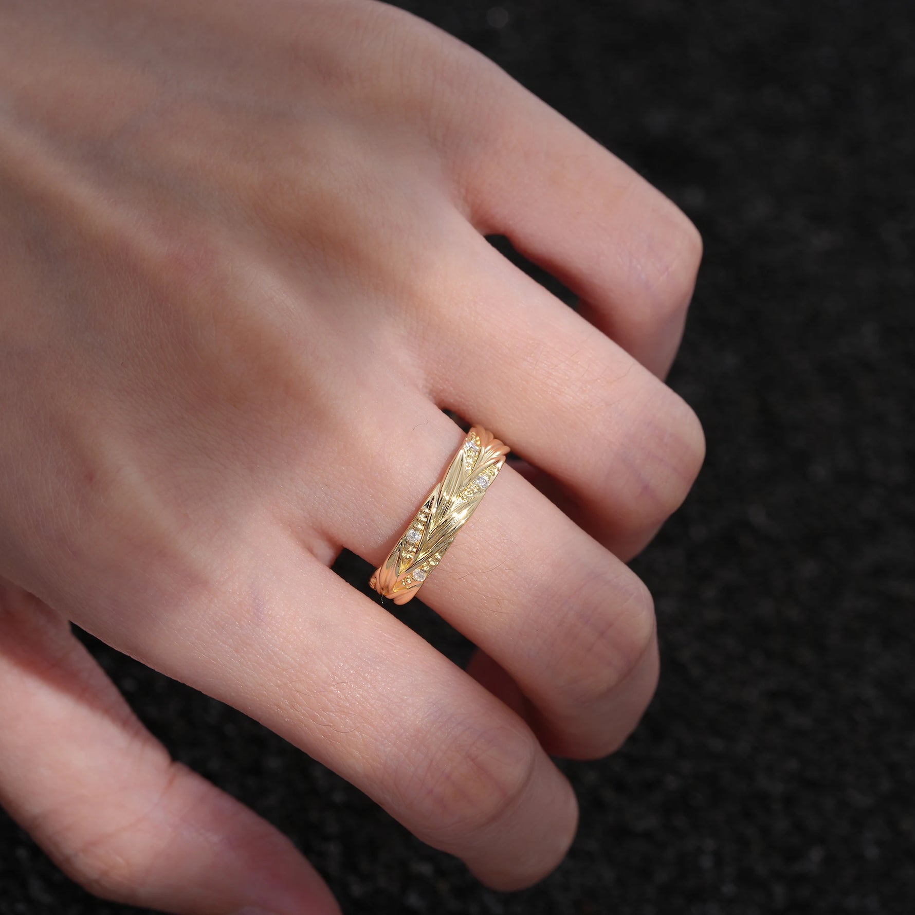 Round Moissanite Braided Vine Wedding Band with Leaf Detail - Additional view