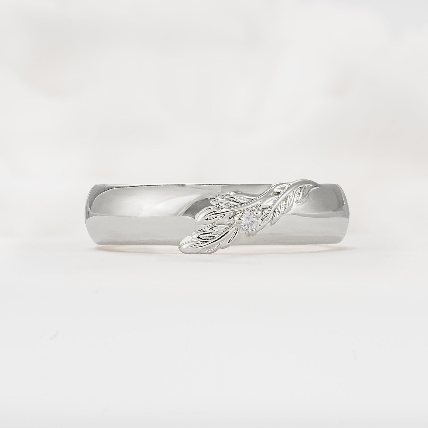 Botanical Leaf Engraved Band, Round Moissanite Accent Wedding Ring - Additional view