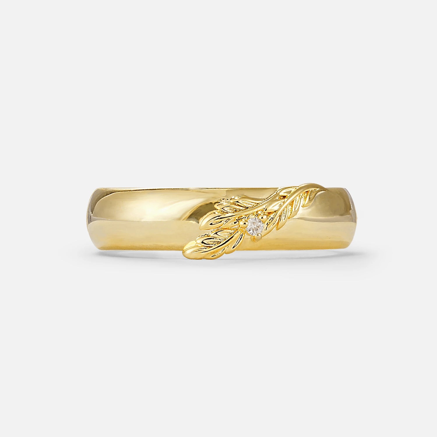 Botanical Leaf Engraved Band, Round Moissanite Accent Wedding Ring - Additional view