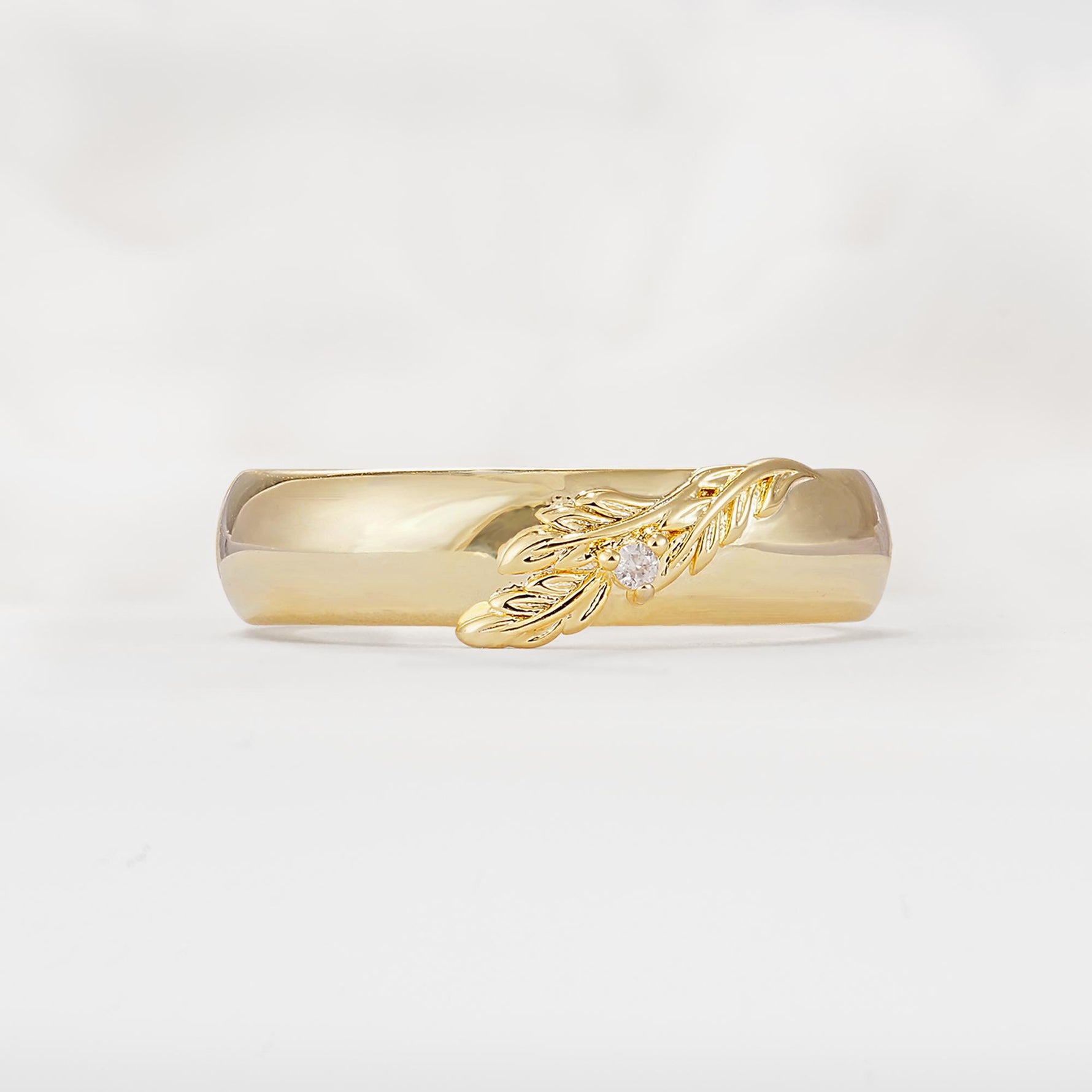 Botanical Leaf Engraved Band, Round Moissanite Accent Wedding Ring - Additional view