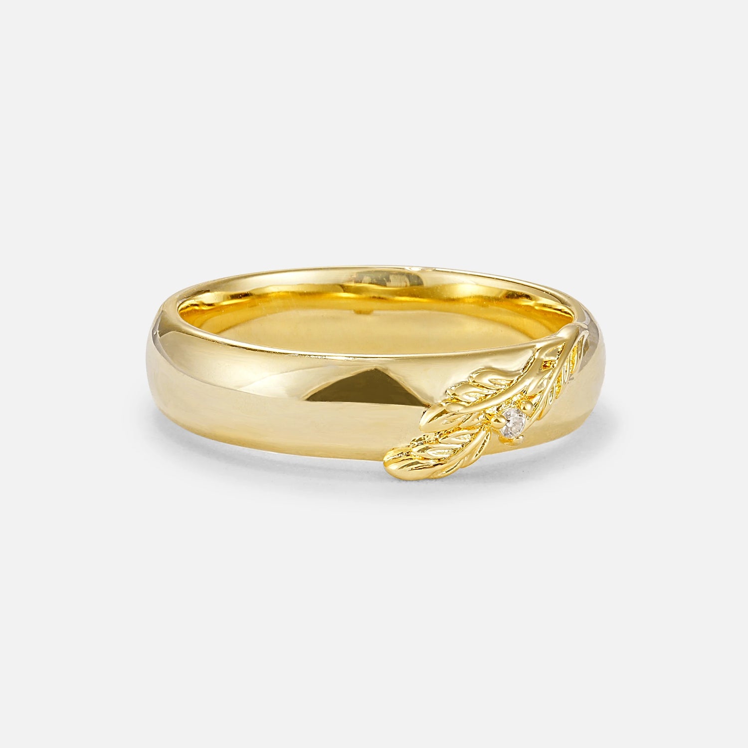 Botanical Leaf Engraved Band, Round Moissanite Accent Wedding Ring - Additional view