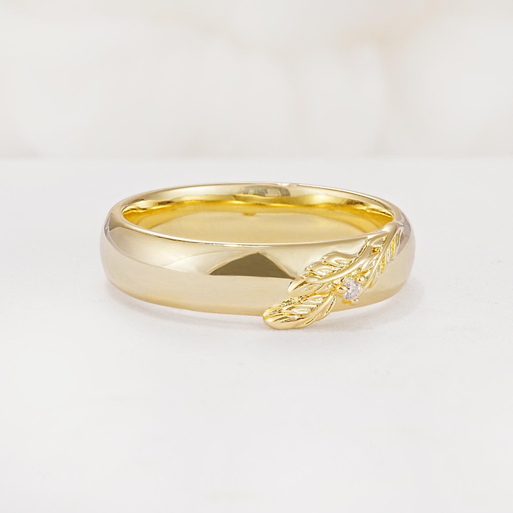 Botanical Leaf Engraved Band, Round Moissanite Accent Wedding Ring - Additional view