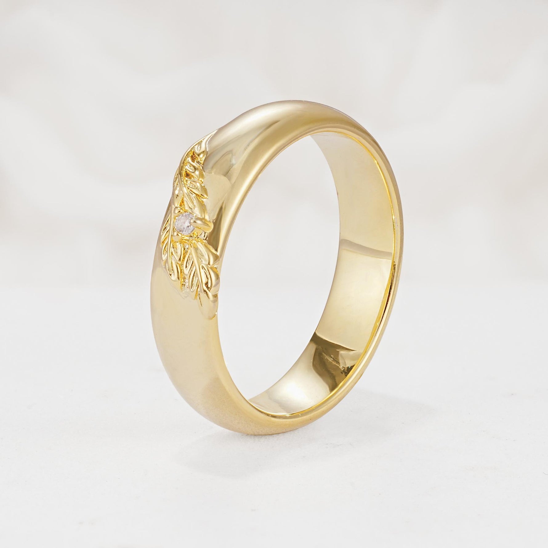 Botanical Leaf Engraved Band, Round Moissanite Accent Wedding Ring - Additional view