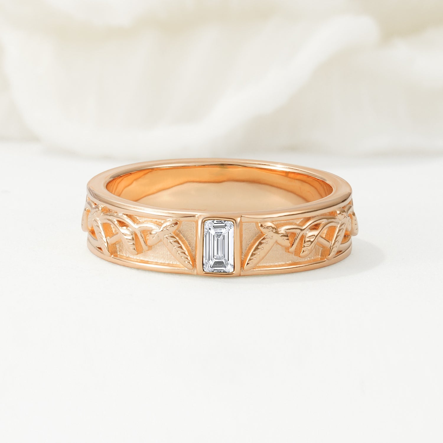 Vintage Emerald Cut Celtic Engraved Moissanite Wedding Band - Additional view